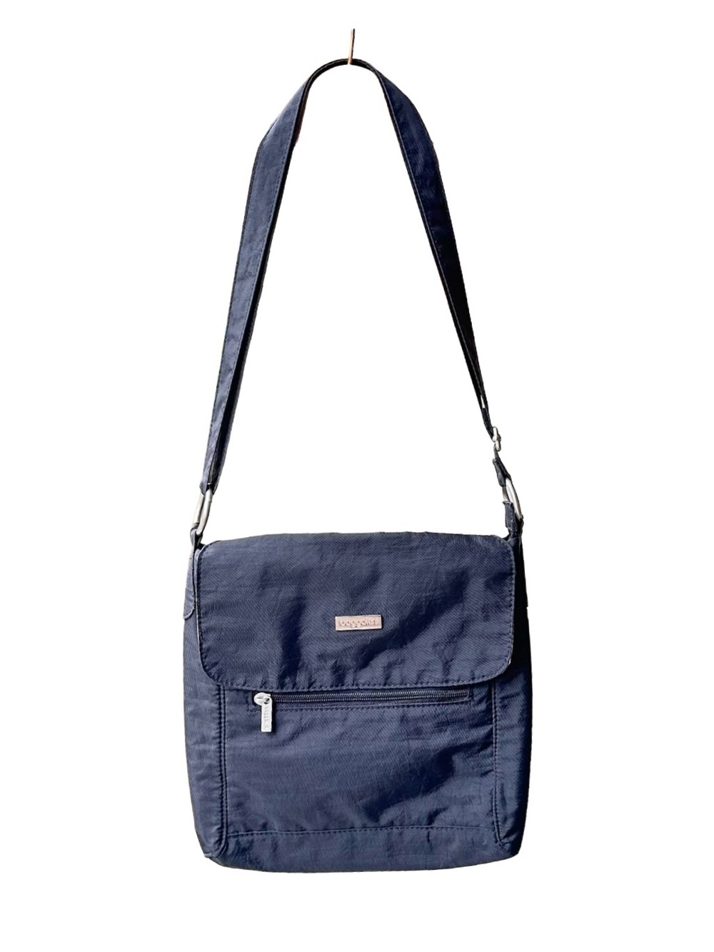 Baggalini Town Bagg Crossbody Bag Purse Vegan Black Nylon Tan Polyester Lining